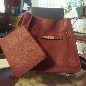 Burgundy Faux Leather Tote W Wristlet